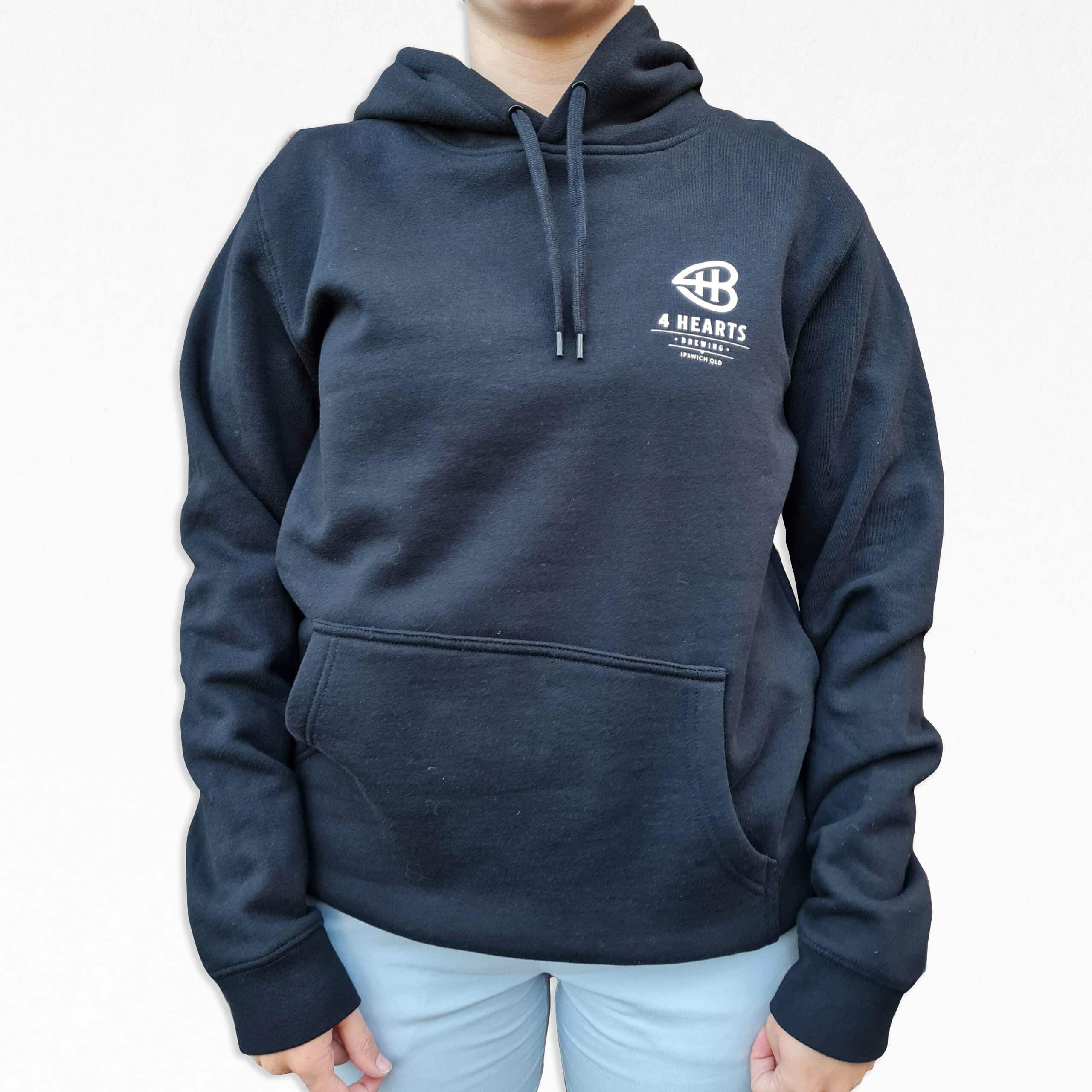 An image of the front of a black cotton hooded sweatshirt featuring the 4 Hearts logo on the chest.