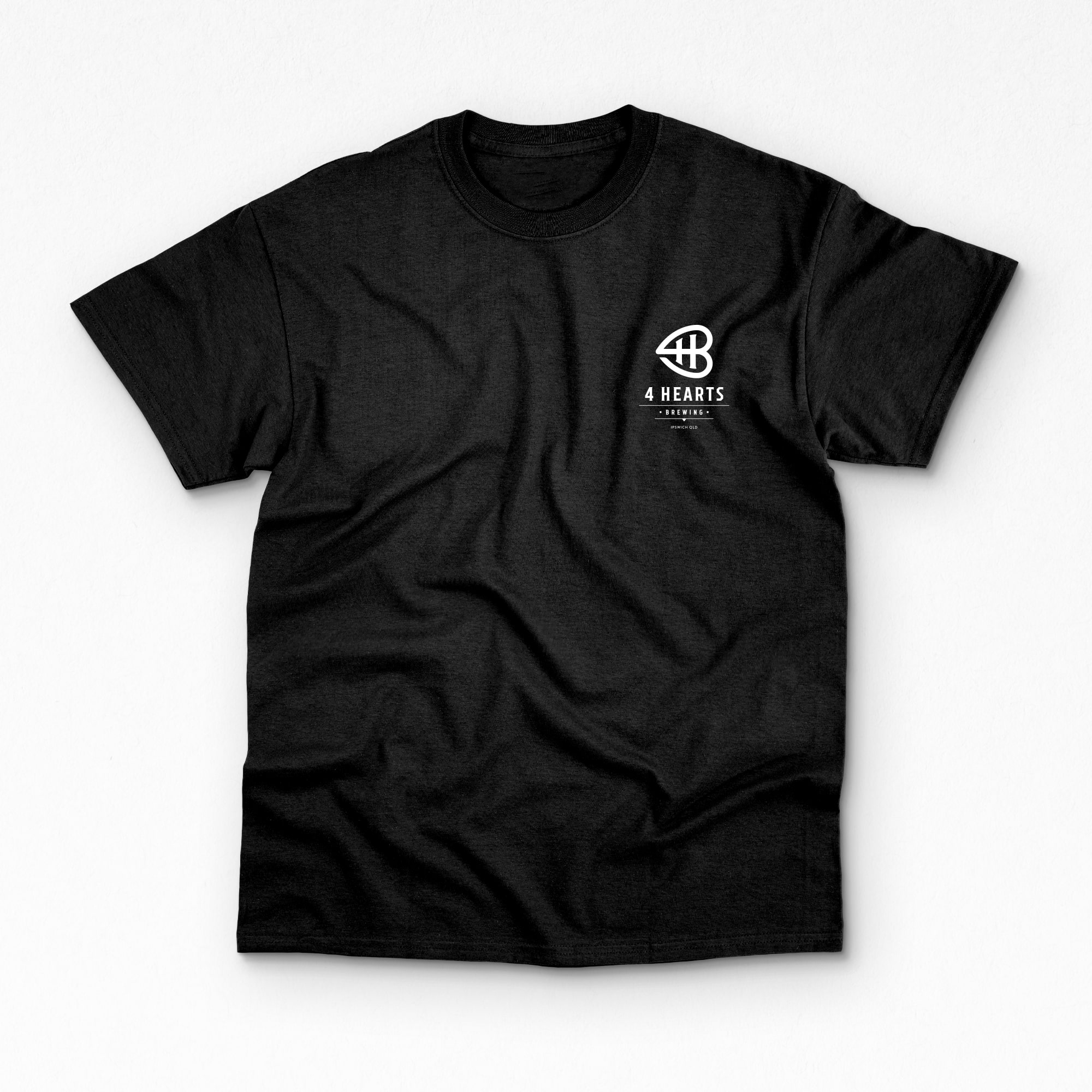 A front view of a 4 Hearts black shortsleeve t-shirt featuring the 4 Hearts logo on the chest.